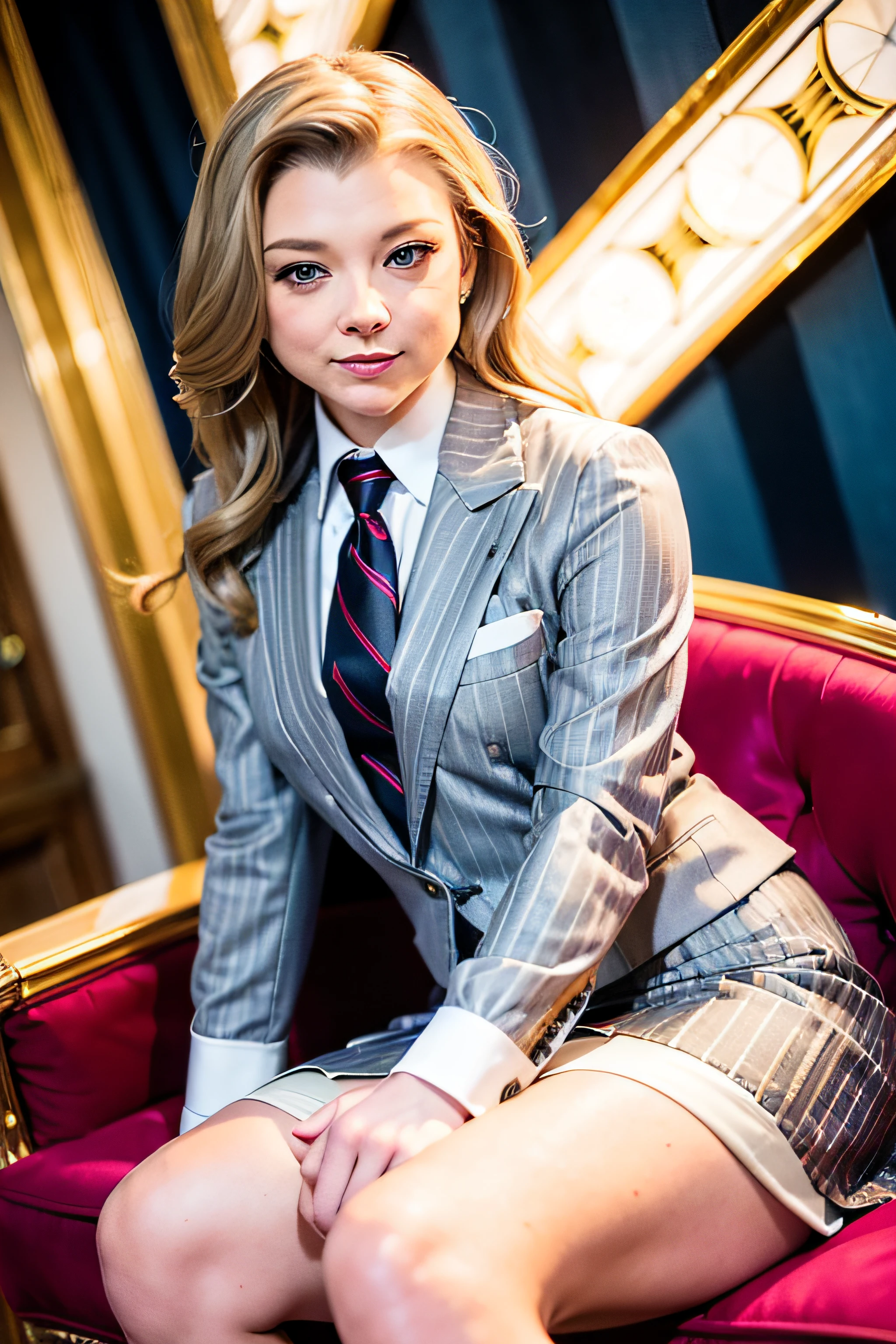 Natalie Dormer, une femme assise à un talk-show, chef-d&#39;œuvre, ,(seulement:1.1), Natalie Dormer, visage parfait, (éclairage lumineux:1.2),Beaux yeux détaillés, Fermer, visage extrêmement détaillé, éclairage parfait,chef-d&#39;œuvre, Meilleure qualité, ((femelle mature)), trentenaire, 1 femme, (((Tailleur jupe gris clair à fines rayures))), (((costume trois pièces))), (((cravate en soie))), cravate Windsor, (((chemise habillée))), (((blazer))), (((veste de costume))), (((gilet))), mini-jupe moulante, jupe crayon, pince à cravate, montre de poche, pochette de costume, boutons de manchette, seulement focus, tout habillé, bien habillé, souriant, cheveux élégants, cheveux longs, étouffant, Pose séduisante, souriant, sourire bouche ouverte