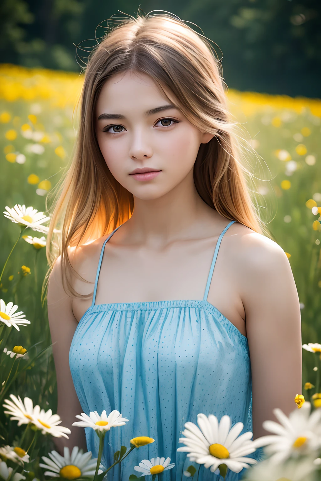 ((grão de filme, Bokeh, partículas de luz ,pó, ângulo extremo da câmera)),Buquê de margaridas nas mãos, arranca pétalas de camomila,,sorria, Adivinhação em uma margarida, Menina de 16 anos, garota russa, Sentado em um prado com flores de margarida, vestido de verão de bolinhas claras,Maquiadores fazem maquiagem para celebridades，Cor de cabelo aleatória, Photorealistasc, foto, obra de arte, realista, Realismo, foto realism, Alto contraste, fotorealistasc digital art is trending on Artstation 8k HD HD, detalhado, realistas, textura detalhada da pele, Ultra-detalhado, realistasc skin texture, Acessórios, melhor qualidade, resolução extra alta, (Photorealistasc: 1.4),, alta resolução, detalhado, RAW foto, repetição abrupta, Nikon D850 Film Stock Photo 4 Câmera Kodak Portra 400 com lente F1.6 cores ricas, hyper realistasc texture, iluminação impressionante, Qualidade irreal no ArtStation Cinestill 800,