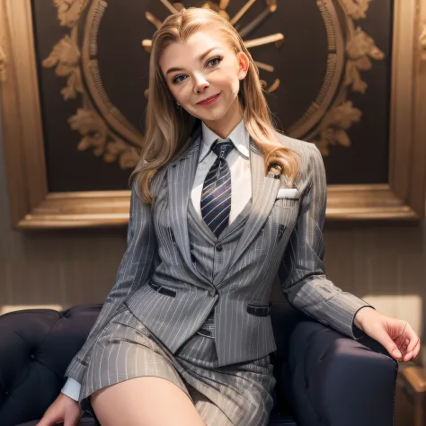 natalie dormer, a woman sitting at a talk show, masterpiece, ,(solo:1.1), natalie dormer, perfect face, (bright lighting:1.2),be...