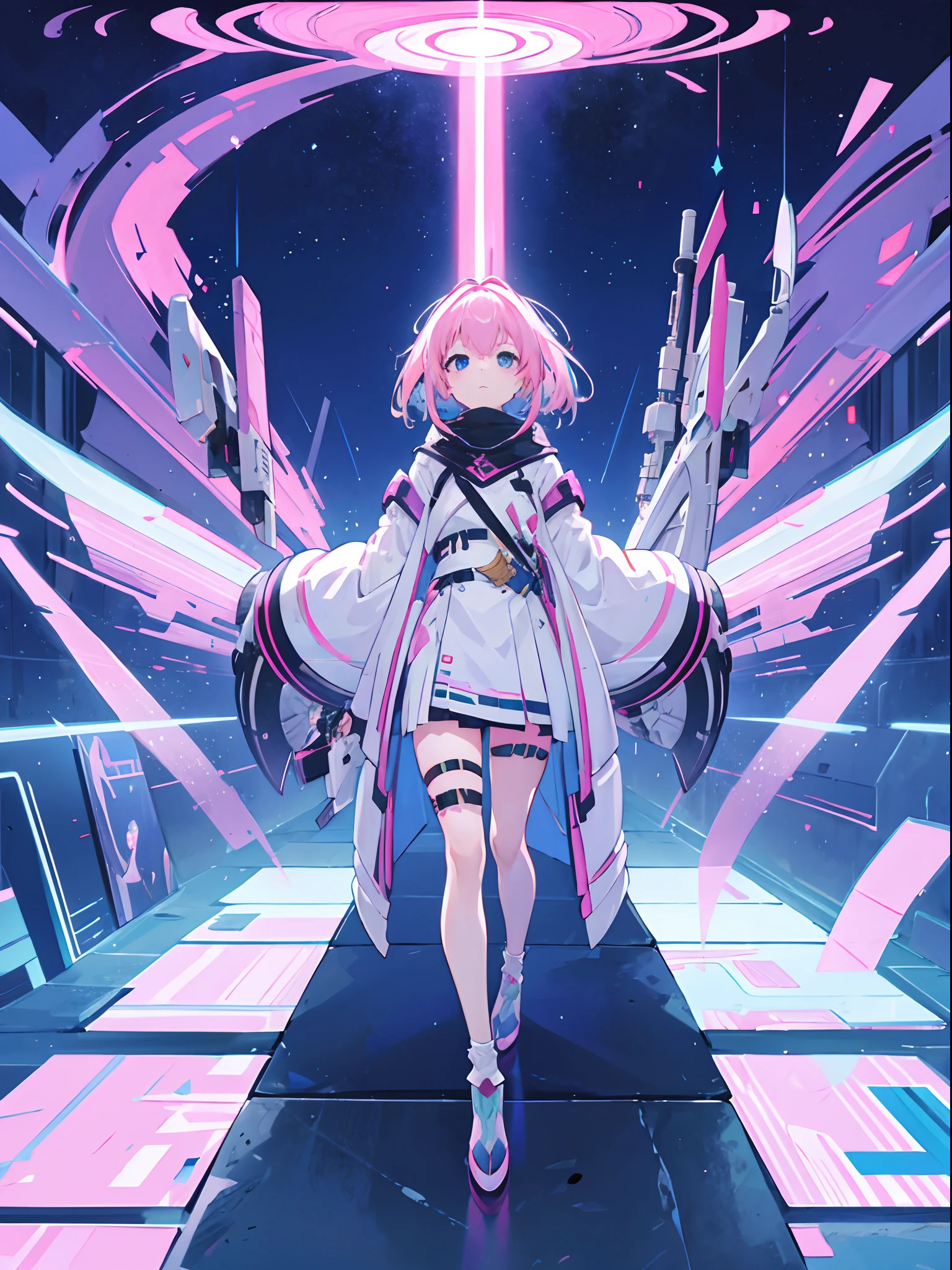 ciberpunk, pink hair, Futuristic, surreal, ultra wide angle, full body wide angle, Looking Up, dynamic movement, expressive, Vibrants, Sacred Cinematic Facets, Laser hologram