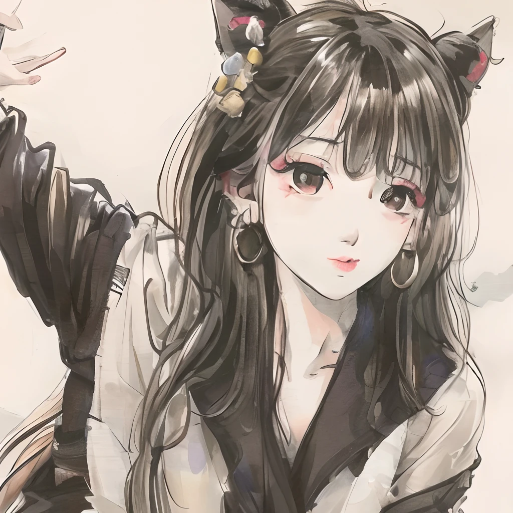 Anime girl with long hair and cat ears sitting down - SeaArt AI