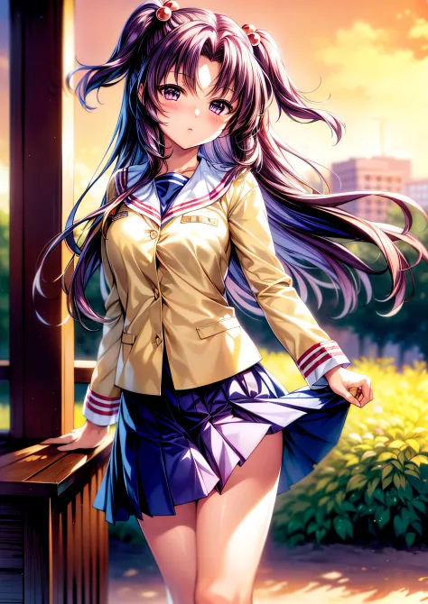 ((masterpiece)), ((best quality)), ((highres)), ((detailed background)), solo, library, natural lighting, sunset, ichinose kotomi, clannad uniform, blue skirt, black socks, two side up, hair ornaments