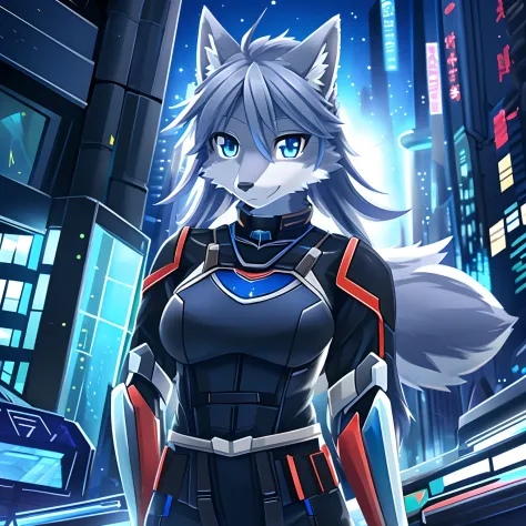 masterpiece, solo, 1girl, furry, kemono, furry wolf, anthropomorphic, female, blue eyes, (silver fur, silver skin), sci-fi unifo...