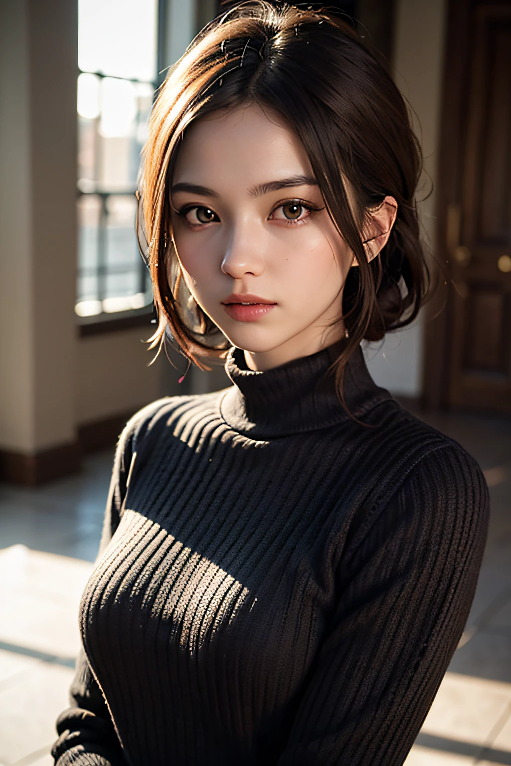 ultra high res,masterpiece,best quality,
very detailde face,detailed eyes,extremely intricate,perfect glossy shiny skins,perfect lighting,detailed lighting,dramatic shadows,ray tracing,
1girl,upper body,black sweater,looking at viewer,