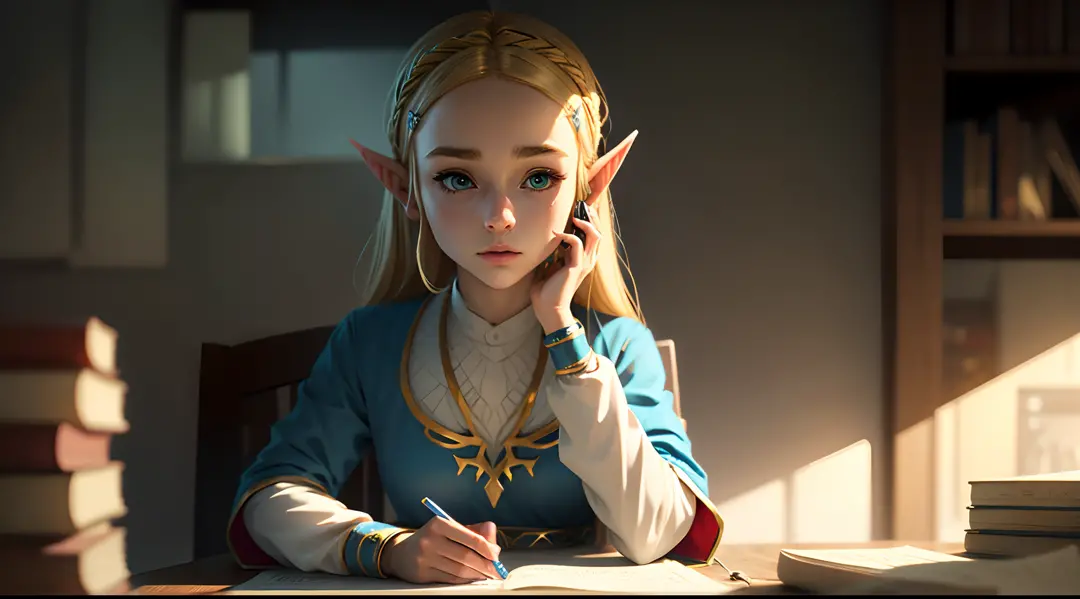 Zelda, young blonde elf girl, studying, concentrated, headphones on