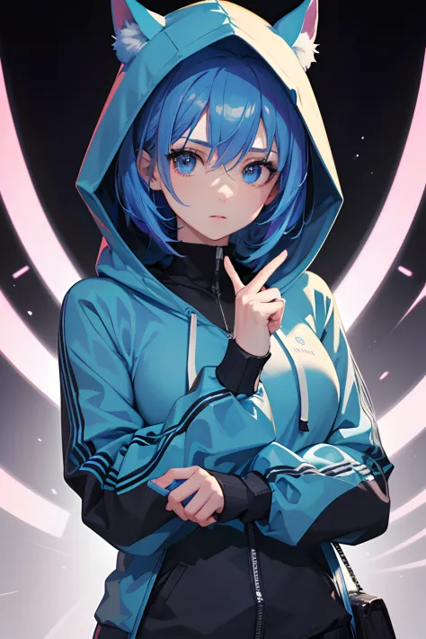 masterpiece, best quality, 1girl, short hair, blue hair with pink hightlight, blue eyes, techwear hoodie, detailed eyes, detailed facial features, realistic and high resolution (best quality, 4k, 8k, highres, masterpiece:1.2)