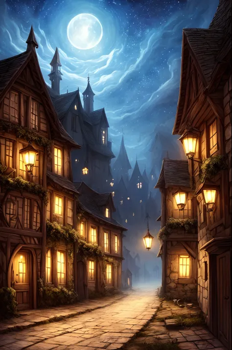 Haunted medieval countryside village with undead spectral apparitions on a dark abandoned main street with a hanging gallow, moons and stars, detailed_fantasy_background, hyperdetailed, realism; incredible composition; dynamic_lighting; meticulously compos...