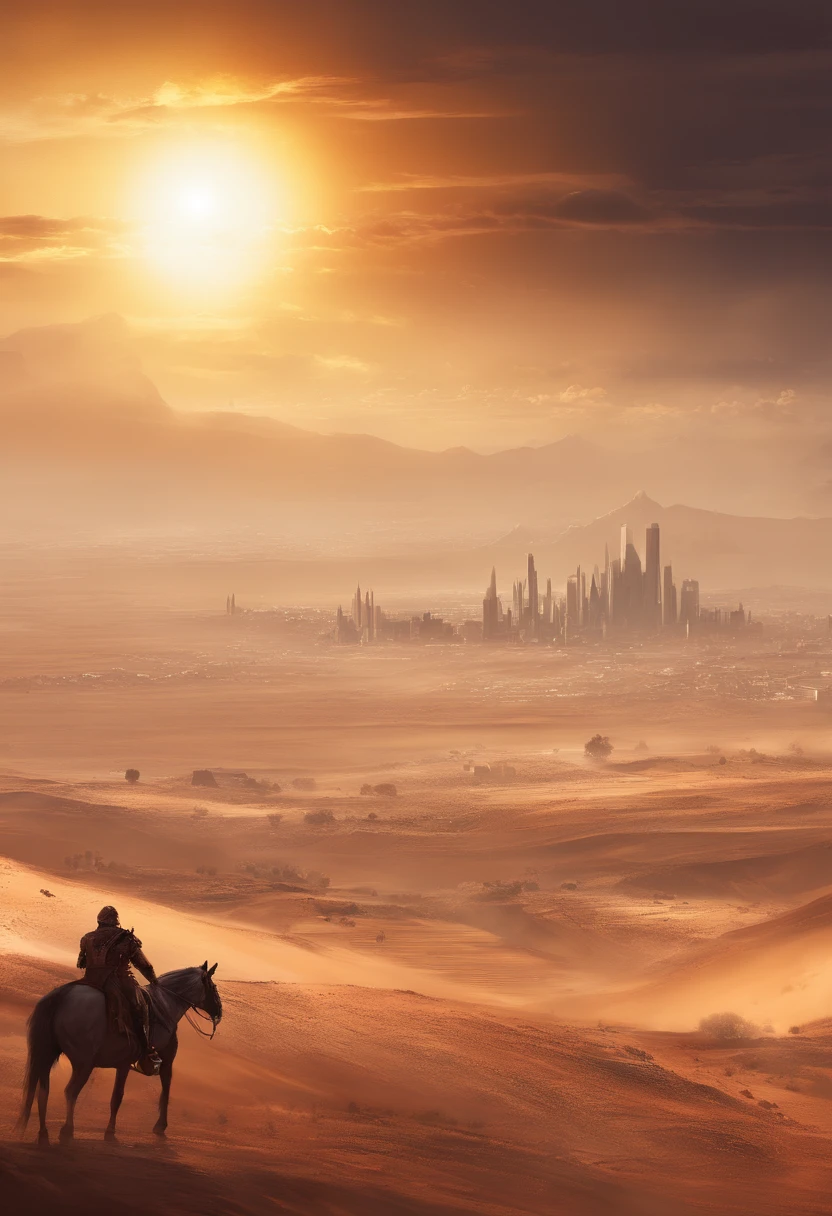 There is a man riding a horse in the desert with a city in the ...