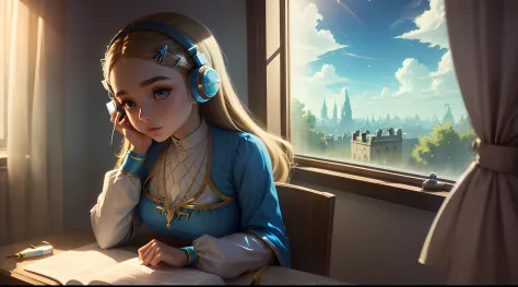 pricess zelda, dress totk, studying, with headphones on her head, concentrated, window showing the sky