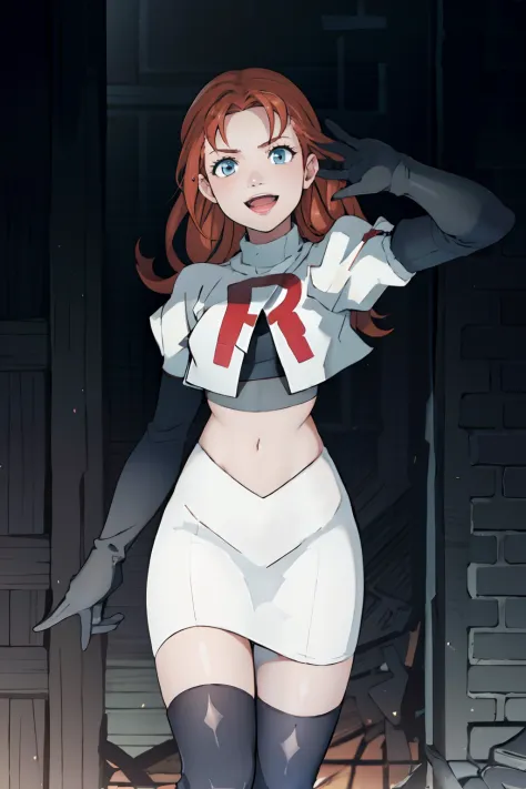 annette_war, long hair, team rocket,team rocket uniform, red letter R, white skirt,white crop top,black thigh-highs,black elbow gloves, both arms stretched out in front of viewer, happy open mouth smile, as she sings to the viewer