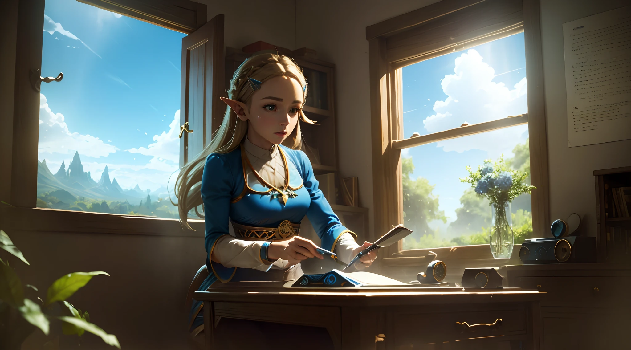 pricess zelda, concentrated study, tabletop, turntable, Window showing blue sky, beautiful light (solo character, 1)
