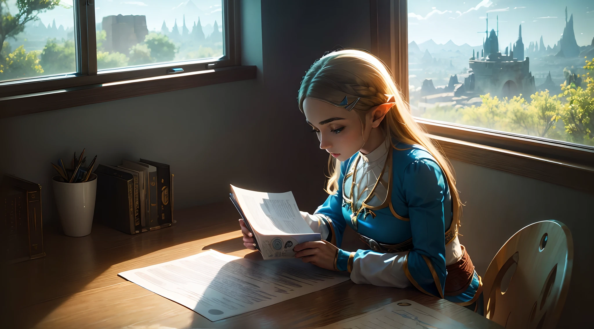 pricess zelda, concentrated study, tabletop, turntable, Window showing blue sky, beautiful light (solo character, 1) elf ear