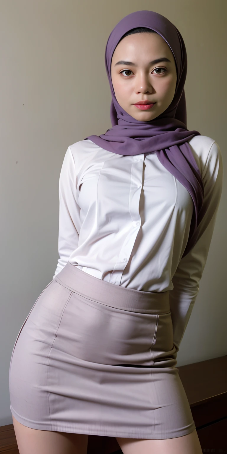 1 Matured Malay Girl In Light Purple Hijab Wear Unbuttoned Office Shirt Exposed Skin Body