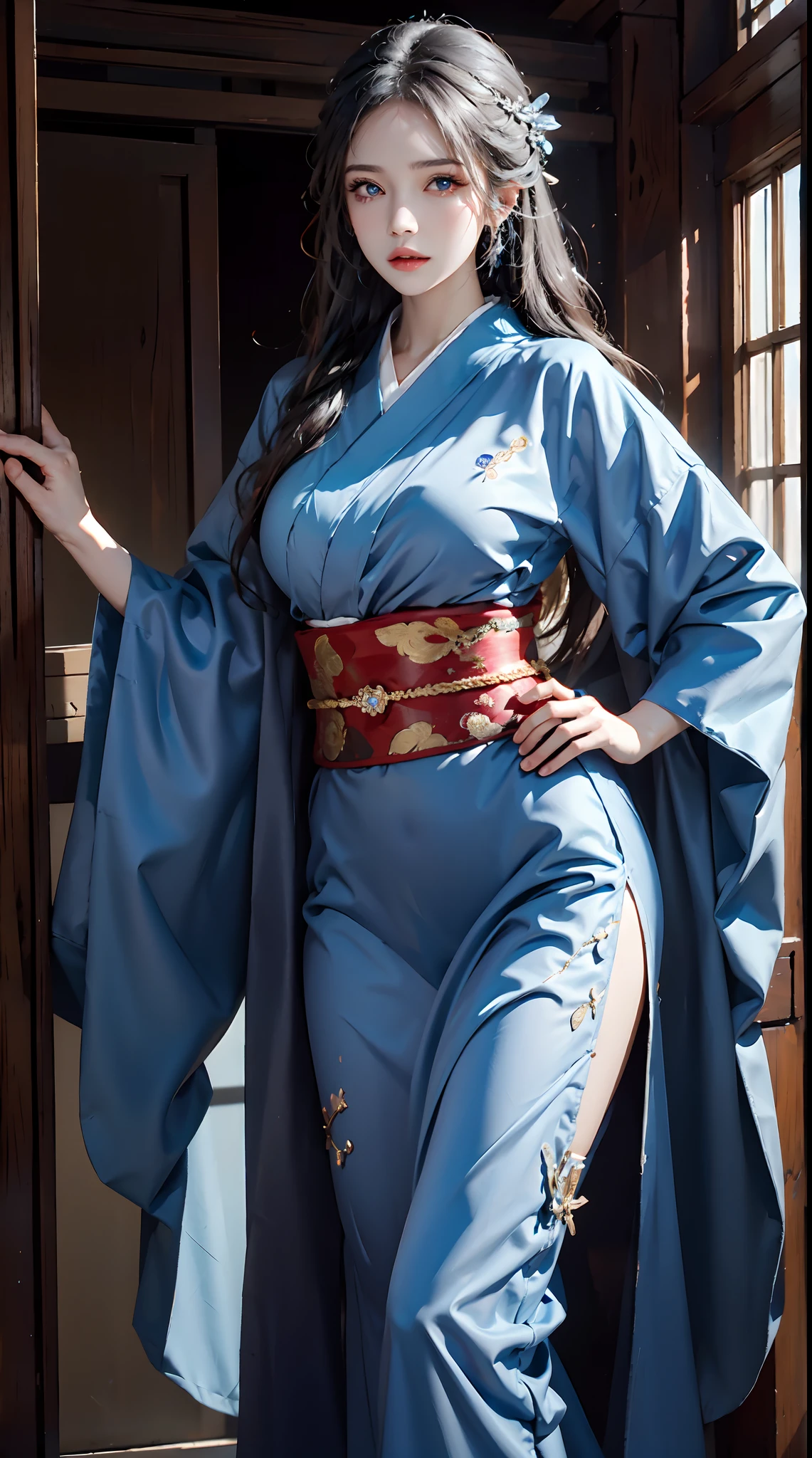 photorealistic, high resolution, 1women, shining skin, solo, tattoo, jewelry, long hair, blue eye, closed mouth, hips up, kimono