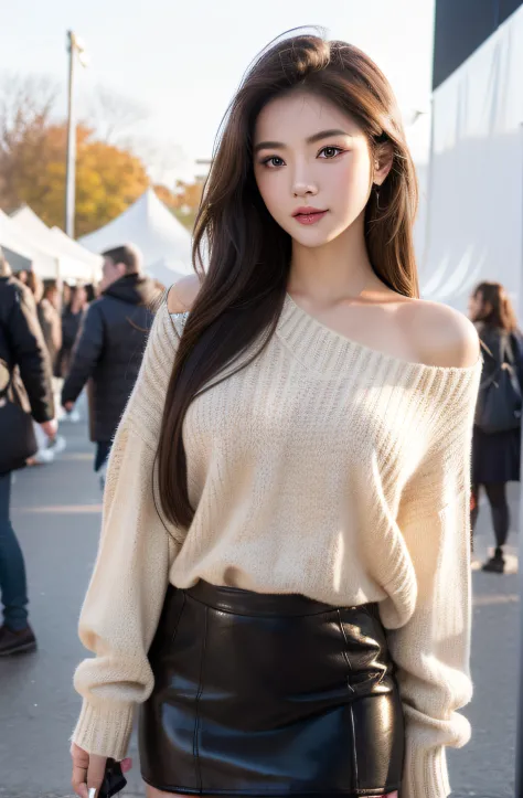 a girl in sweater and thig skirt, ((detailed )), festival scenery, medium breasts, flirtatious, long mid hair, ((very detailed)), perfectly detailed face, detailed hand, photorealistic image.