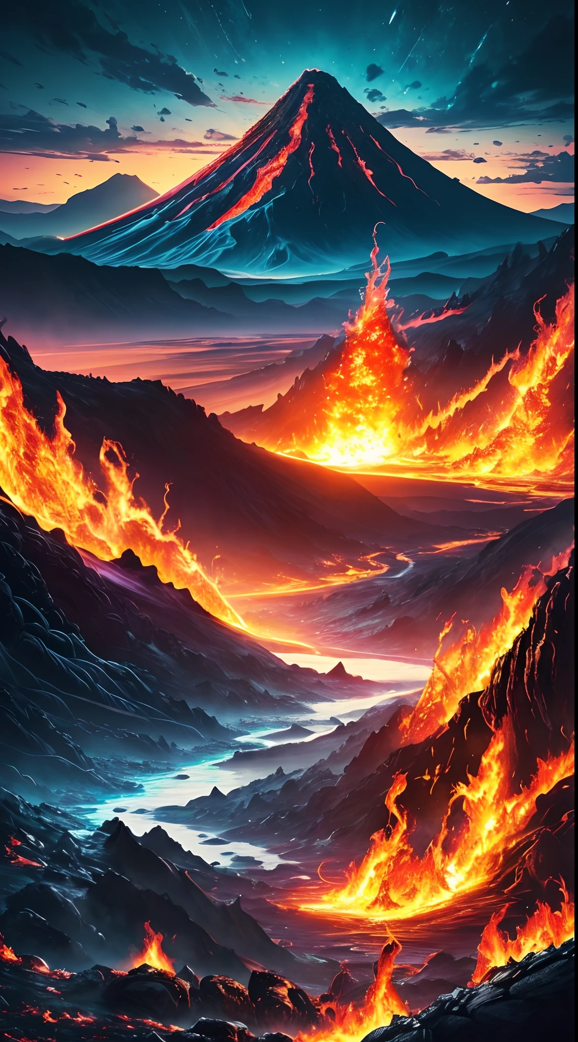 (Best quality,4K,A high resolution,Masterpiece:1.2),Ultra-detailed,(Realistic:1.37) volcano landscape, Huge lava creatures appear, Vibrant colors, Dramatic lighting, intense heat, Soldering rocks, billowing smoke, molten lava, rugged terrain, Towering mountains, Wide sky, Ominous atmosphere, Strong eruption, Dynamic composition, Blazing energy, mind-blowing views, Surreal elements, epic scale, Mesmerizing scene