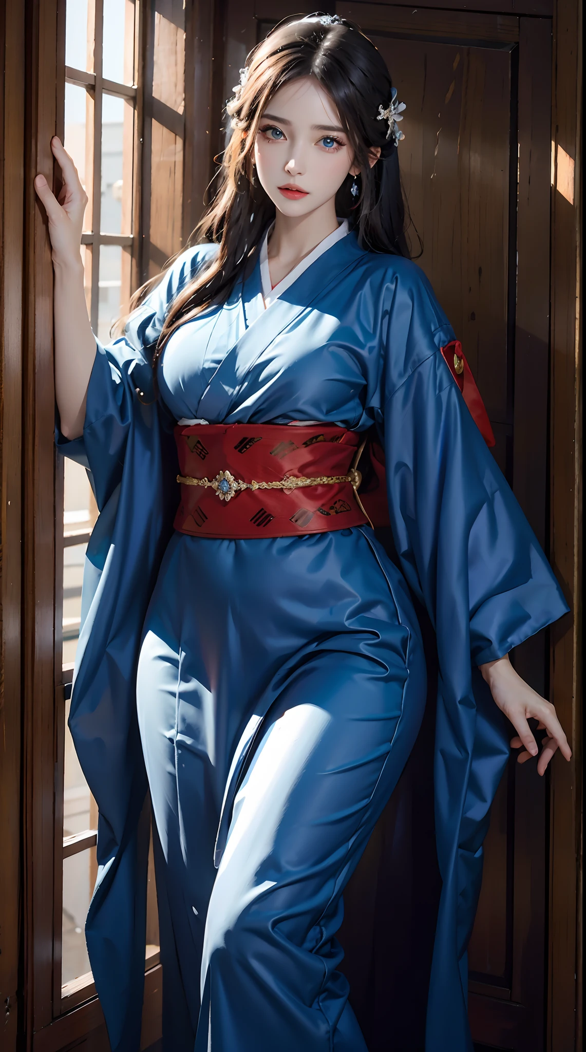 photorealistic, high resolution, 1women, shining skin, solo,hips up,tattoo, jewelry, long hair, blue eye, closed mouth, kimono