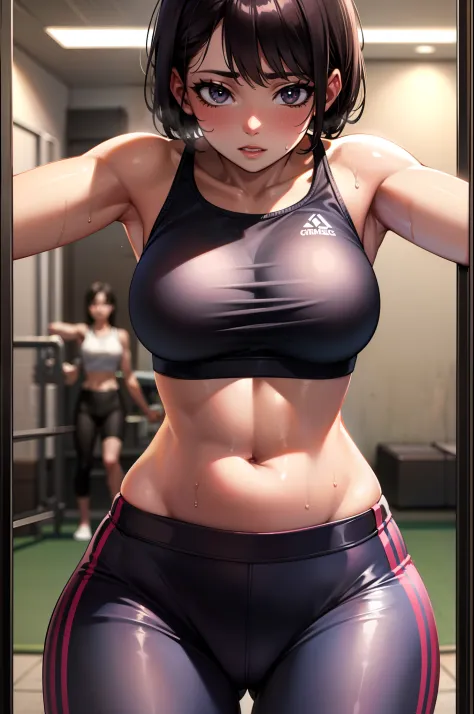 Masterpiece, 4K, sportswear, gymtastic_yoga_croptop, (multiple straps:1.1), woman wearing gymtastic_yoga_croptop,  contrast, analog style, high quality picture, photorealistic, taken by a camera with an expensive lens , women sweating, see though clothing