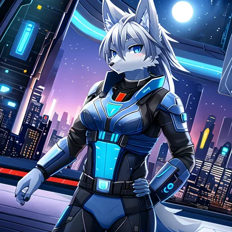 masterpiece, solo, 1girl, furry, kemono, furry wolf, anthropomorphic, female, blue eyes, (silver fur, silver skin), sci-fi unifo...