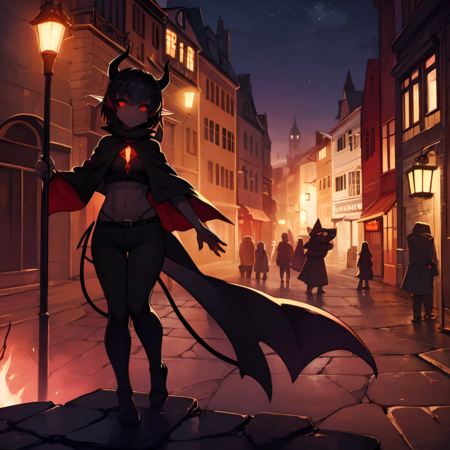 In a creepy medieval city at night time, a small demon girl with red eyes, short black demon horns, long demon tail, long black hair, and dark skin stands alone. She is wearing a black cape, black shirt, midriff, and black pants, a dark red mystical aura is coming off of her body. She has a sly smile.