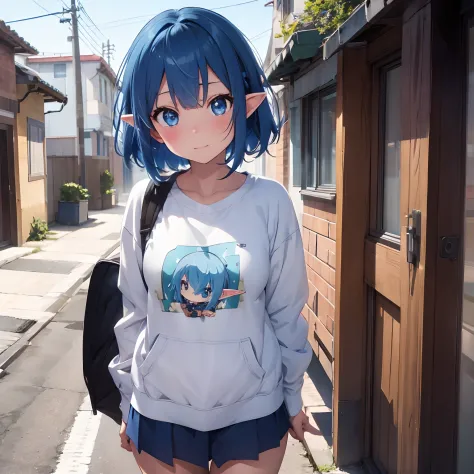 Elf girl, straight short blue hair, sweatshirt,blue eyes,blushing anime 4k