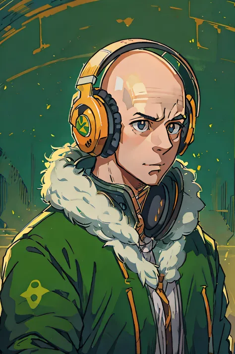 A bald man dressed as Midorya with headphone on his head