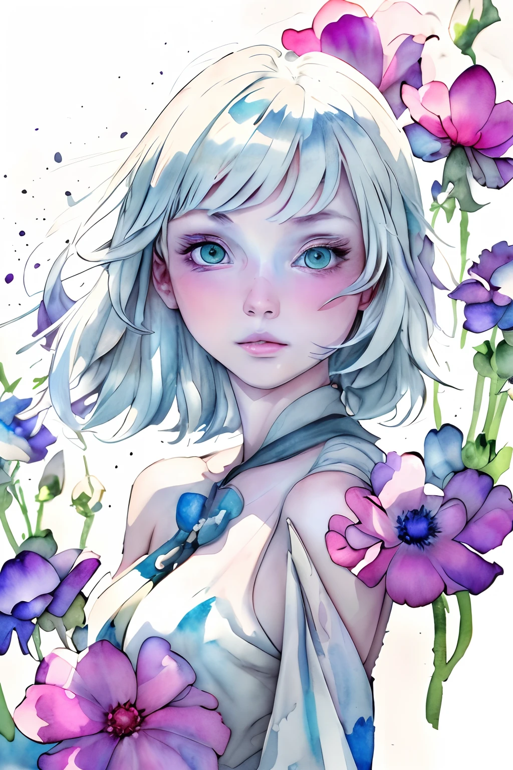 Cowboy Shot:1.5、Colorful anime blonde girl, portrait of a full body, in frame, Background Frame, Inside the background frame, Watercolor Clip Art, Huge flowers splash, Lush, Flowers splash, Full illustration, ((White background)), 4K, Sharp Focus, watercolor paiting, smooth soft skin, Japanese style, Symmetrical, Soft lighting, Detailed face, Concept art, Muted colors, Watercolor style, Fairy tales in children's style, Octane Rendering, 。.。.。.。.。.。.3D, Perfect face, Detailed face, Delicate face, Perfect sharp lips, Detailed eyes, watercolor paiting
