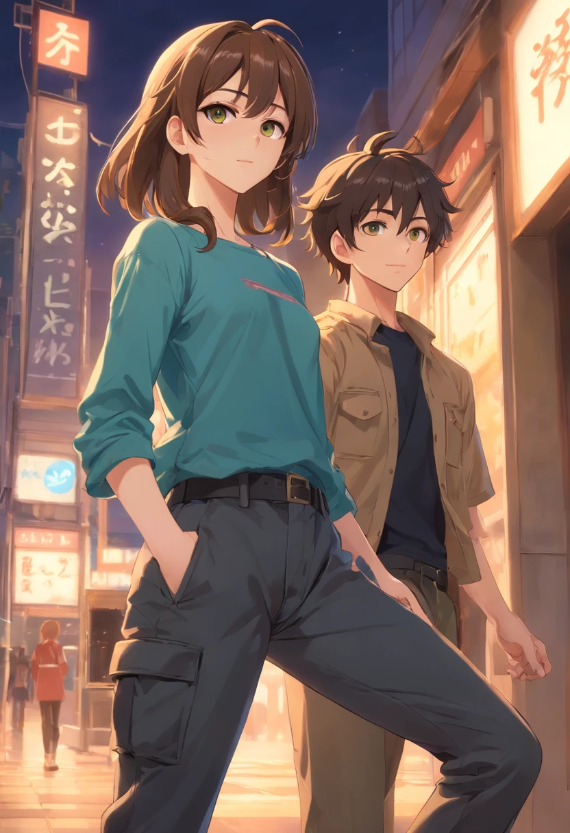 A couple of anime characters standing next to each other on a street -  SeaArt AI