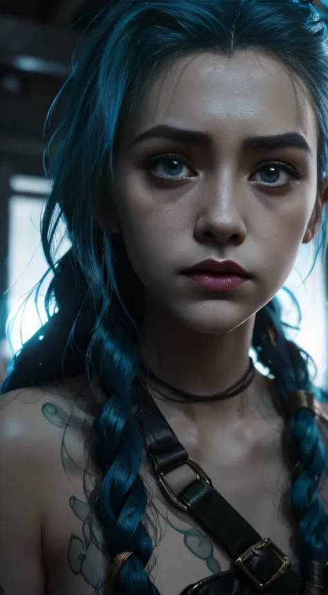 Jinx，Jinx blue hair，（Cinematic tones）（The film uses cool colors of blue and gray）（Wet clothes：1.9）,（Get wet all over your body：1...