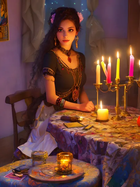 gypsy woman, with vibrant colors, sitting at a table with tarot cards and candles, realist, 4k