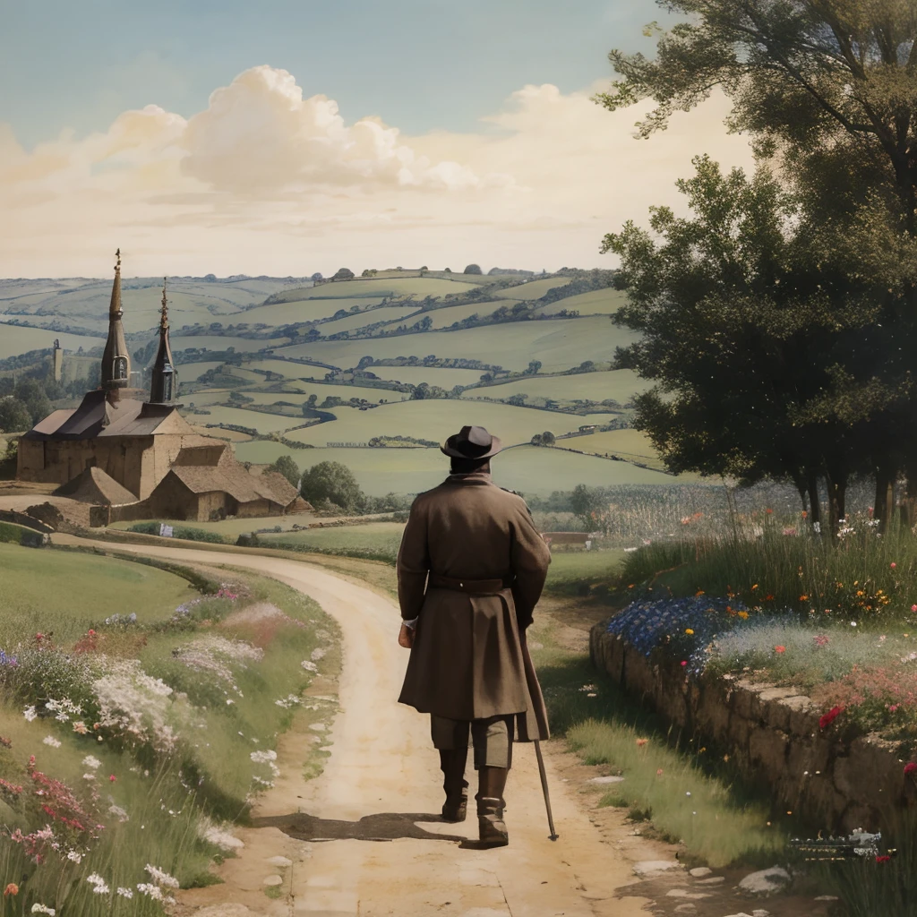 medieval farmer walking to medieval town), (day), (Kingdom in background in foreground), (extremely detailed CG unit 8k wallpaper), (piece of master), (best quality), (ultra-detailed) , (best illustration), (village in the background), (Kiev Rus), (day), (Cloud), (flower), (oil painting), (Nature), (Extremely high details), (Clarity, 8kK) , (Walking on a clay road), (backward), (man with his back without a hat)