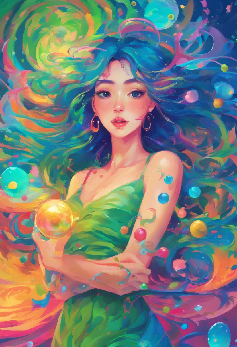 ((top-quality, 8K)), (Realistic), (Face Focus: 1.1), (blue and green: 1.3), Kawaii Girl, Long, reddish、multi colored, Colorful, Dancing Girl、Serving maracas in the hands
Long hair fluttering in the wind, Facing to the side, Look up at your face, Eyes closed, (Sleeveless: 1.1)、Skirt, D Cup Breasts, Countless soap bubbles,