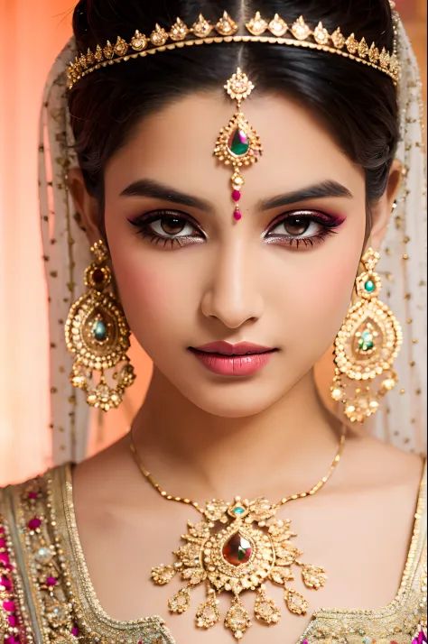 Beautiful face, Indian bride, intense makeup, skin texture, hyper detailed