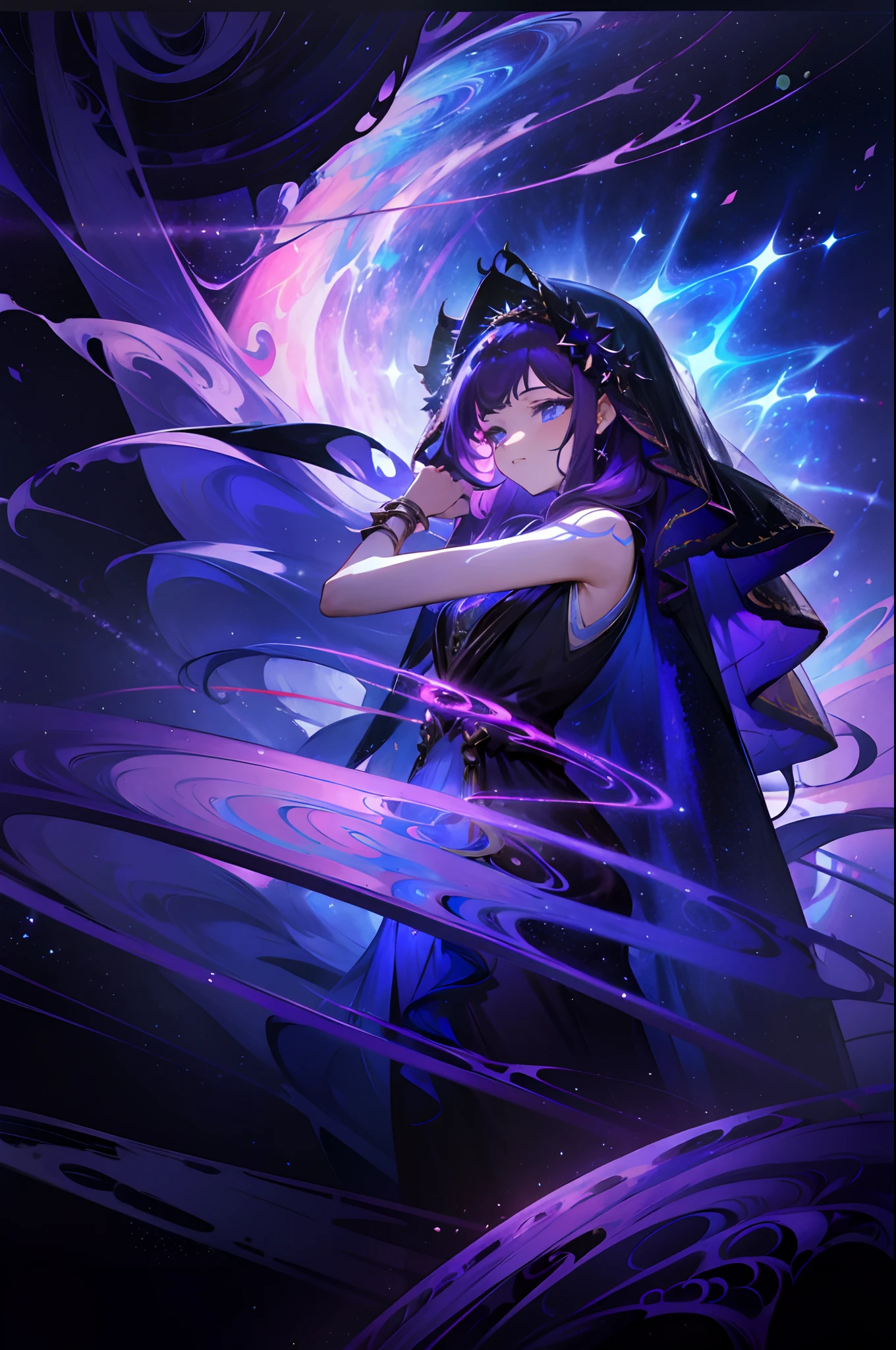 Masterpiece, dreamlike art, 8k, best quality, 1 girl, solo, veil, goddess of the void, celestial body, sparkling violet hair, dark multicoloured hair, wavy long hair with tubes, divine demeanor, expressionless, gorgeous girl, young lady, sleeveless showy starry tunic, cute hair accessories, lots of hair accessories fit of a goddess