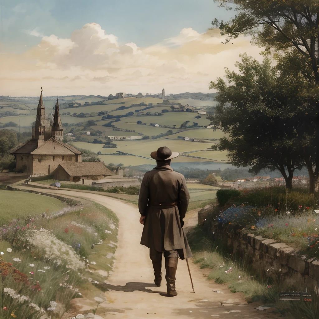 medieval farmer walking to medieval town), (day), (Kingdom in background in foreground), (extremely detailed CG unit 8k wallpaper), (piece of master), (best quality), (ultra-detailed) , (best illustration), (village in the background), (Kiev Rus), (day), (Cloud), (flower), (oil painting), (Nature), (Extremely high details), (Clarity, 8kK) , (Walking on a clay road), (backward), (man with his back without a hat), (castle and city in the background)