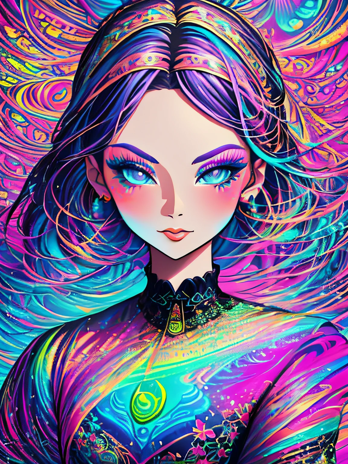 Drawing of a woman with light hair and bright makeup, Vivid neon ink painting, Vibrant digital painting, Vibrant digital art, colorful art, art of alessandro pautasso, vibrant cartoon art, jen bartel, colorful digital art, Colorful paintings, Colorful Digital Painting, Hypercolor Digital Art, Vivid paintings, Full-color digital art, colourful drawing, vibrant fan art