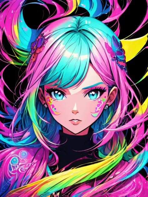 Woman with light hair and bright makeup　Cat-like face　painting of a, Vivid neon ink painting, Vibrant digital painting, Vibrant ...