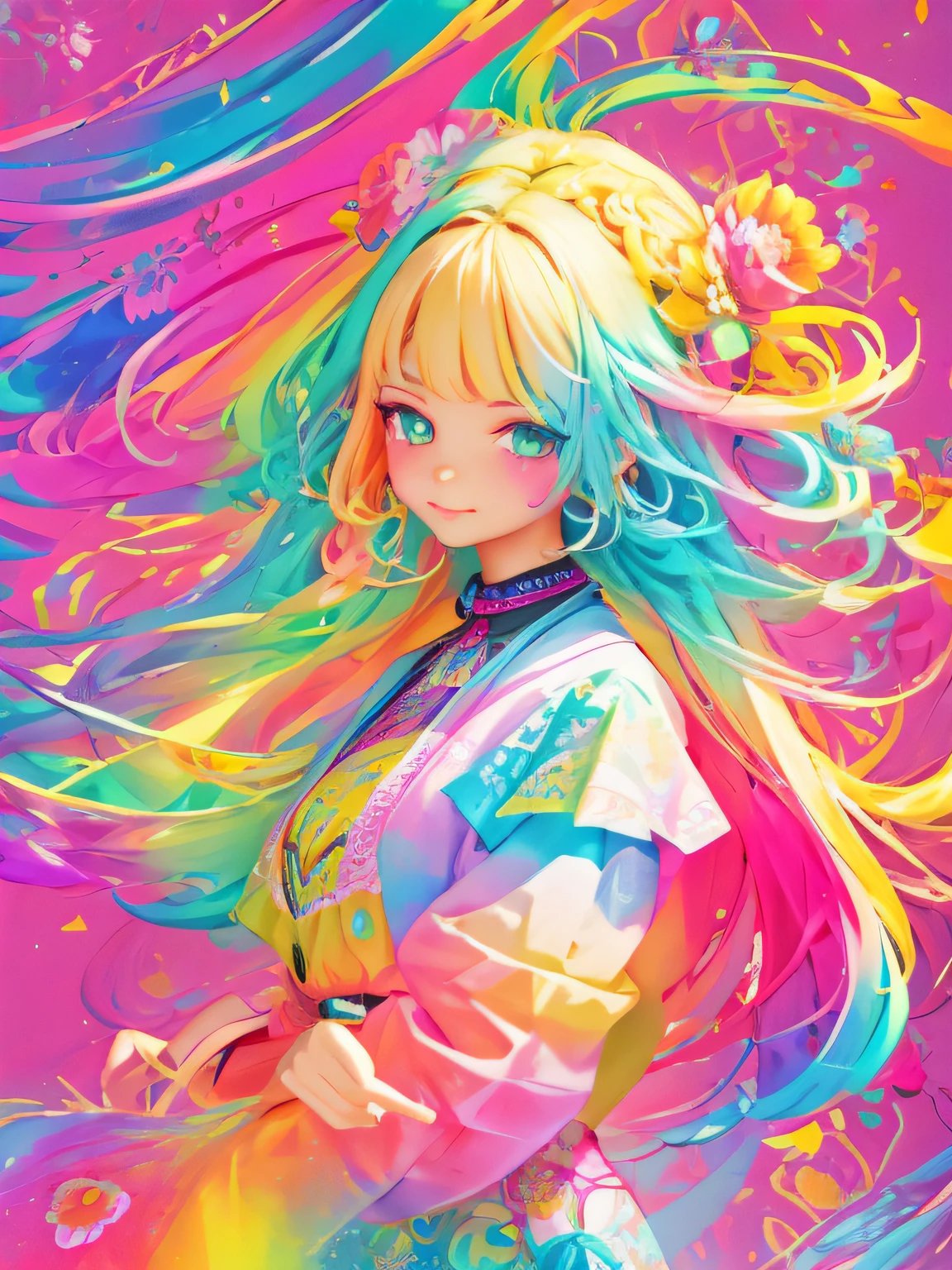 Woman with light hair and bright makeup　face like a cat　painting of a, Vivid neon ink painting, Vibrant digital painting, Vibrant digital art, colorful art, art of alessandro pautasso, vibrant cartoon art, jen bartel, colorful digital art, Colorful paintings, Colorful Digital Painting, Hypercolor Digital Art, Vivid paintings, Full-color digital art, colourful drawing, vibrant fan art