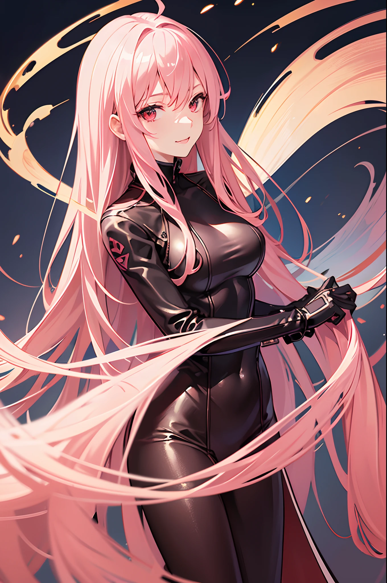 detailed realistic face, mouth with a half-smile, The dominant point of view, gaze at the viewer, A detailed eye, red-eyes, Detailed pink flowing hair, leather suit, a 1girl, adult girl, Full-length, Average Breasts, random background, Random super detailed background