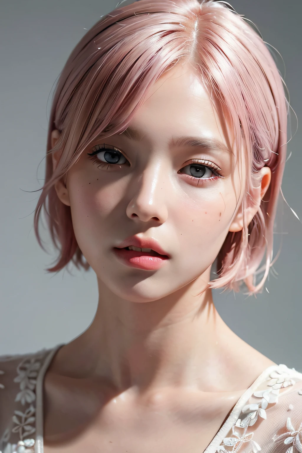 high quality,masterpiece,extremely detailed,high res,4k,ultra high res,detailed shadow,ultra realistic,realistic,dramatic lighting,1girl,solo,detailed face,realistic eyes,realistic skin,pink hair,dynamic pose, dynamic angle, white flowery dress, short hair cut,white background