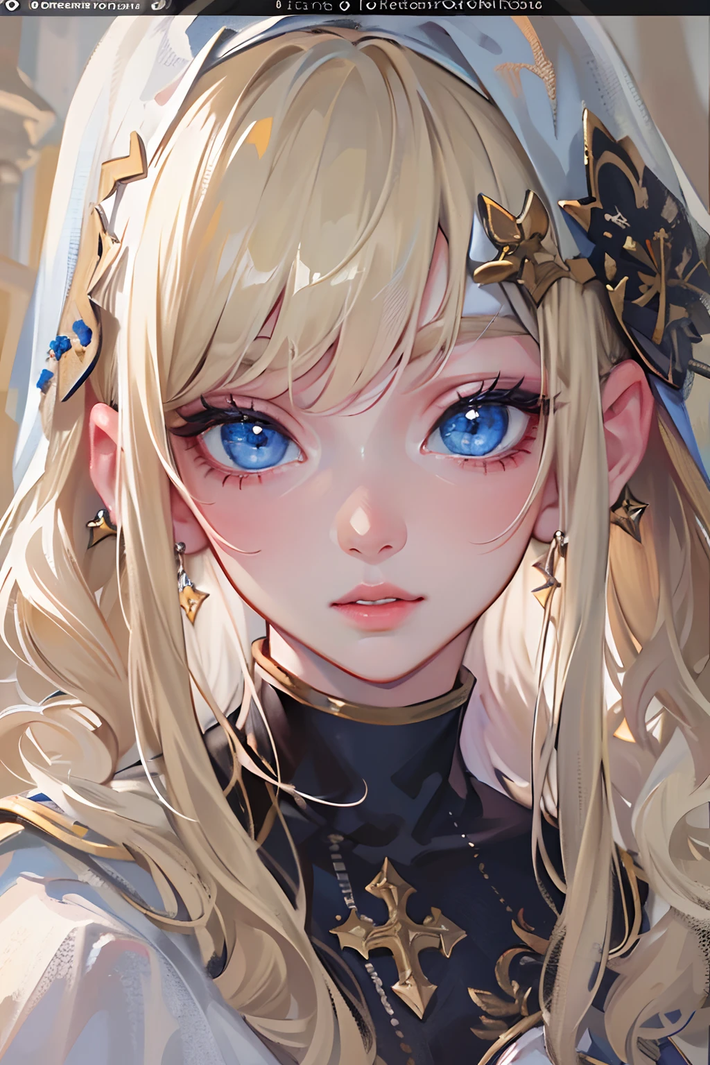 (best quality,4k,8k,highres,masterpiece:1.2),ultra-detailed,realistic,beautiful detailed blue eyes,beautiful detailed lips,extremely detailed face,long hair,1girl,beautiful blonde girl,wearing a nun's outfit,cute,attractive,church, retrato, detailed eyes