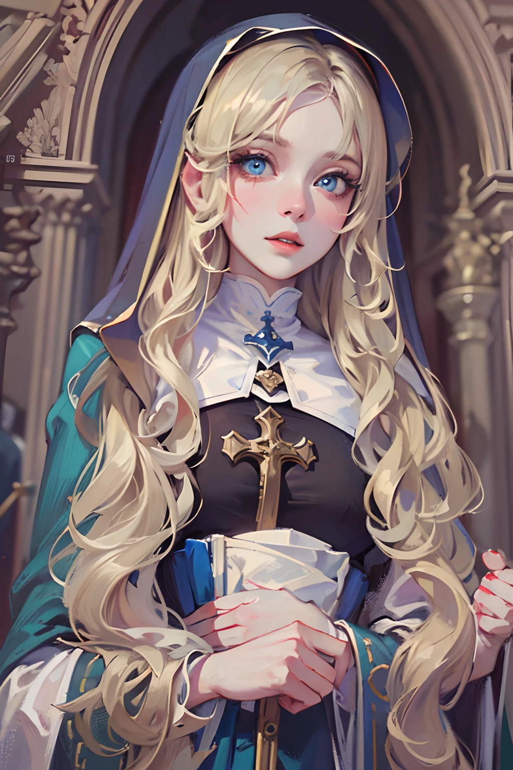 (best quality,4k,8k,highres,masterpiece:1.2),ultra-detailed,realistic,beautiful detailed blue eyes,beautiful detailed lips,extremely detailed face,long hair,1girl,beautiful blonde girl,wearing a nun's outfit,cute,attractive,church, retrato, detailed eyes