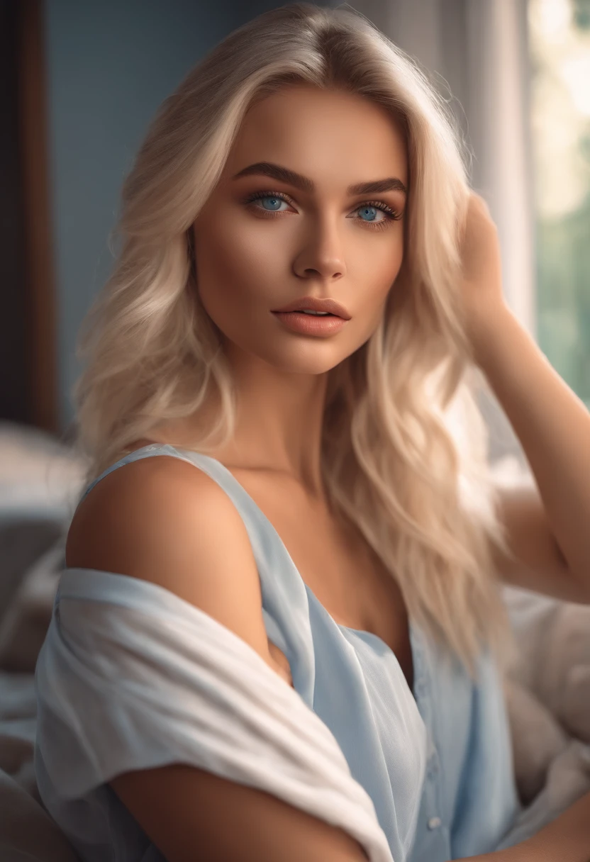 A close up of a woman with blonde hair and blue eyes - SeaArt AI