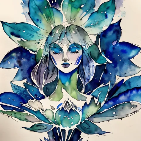 Blue lotus painting with splatter background and spray paint effect, by Eugeniusz Zak, Watercolor art, by Károly Lotz, Watercolo...