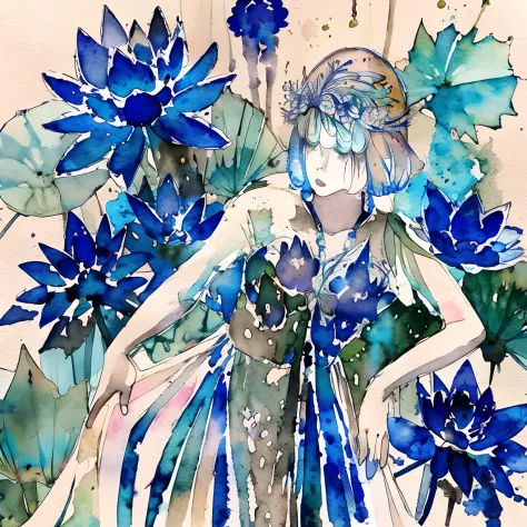 Blue lotus painting with splatter background and spray paint effect, by Eugeniusz Zak, Watercolor art, by Károly Lotz, Watercolo...