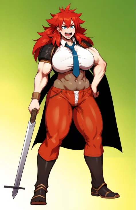 tomboy, warrior, berserker, tall female, muscular female, living hair,  sauvage,, medieval clothing, fantasy, fantasy weapon, huge breasts, barbarian pants,red hair, crazy smile, open mouth, biceps, necktie, thick arms,  hairy   red hair  body hair, pubick...