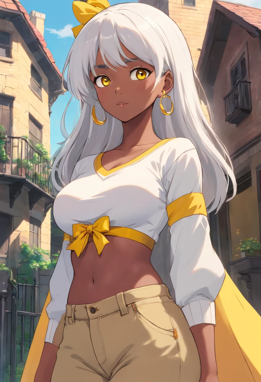 Kind, Dark-skinned Arab woman with white hair, white eyebrows, yellow eyes, large breasts, shortstack, strong, athletic, fit, white hair tied with a yellow ribbon. Wears yellow shirt tied, brown jeans, lots of gold jewelry and navel piercing. She is standing in front of a Victorian greystone row house in Chicago.