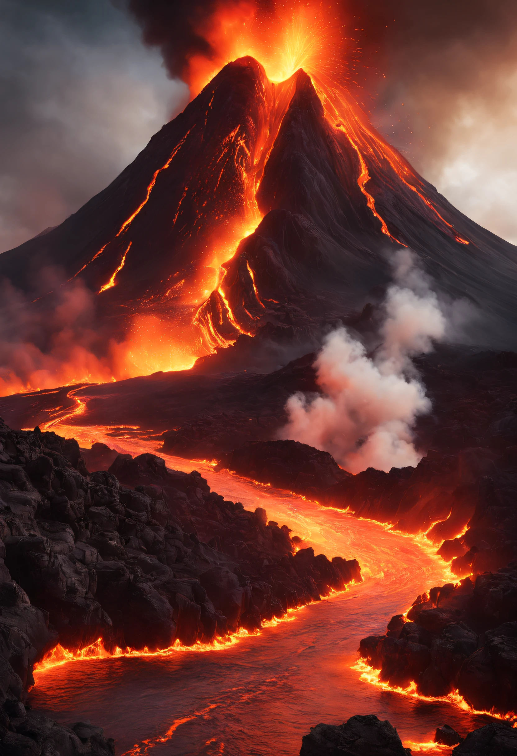 A volcano with lava and lava flowing down it's side - SeaArt AI