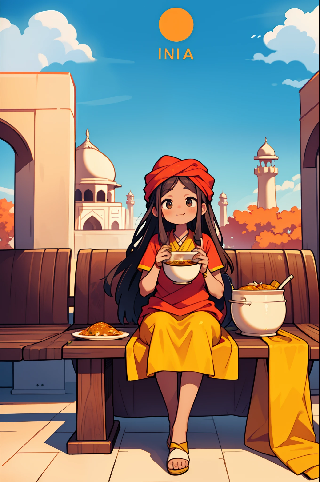 India Tourism、Taj Mahal、Girl eating curry and naan、happily face、Indian clothes and hats、Brown skin、tmasterpiece、top-quality、Top image quality