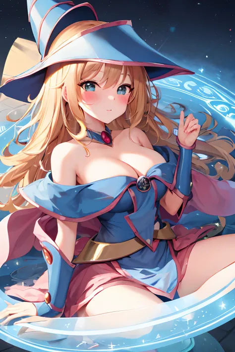 masterpiece, best quality, highres, hmdmg1, wizard hat, blush, blush stickers, cleavage, bare shoulders, dress, off shoulder, command spell, magic, magic circle,